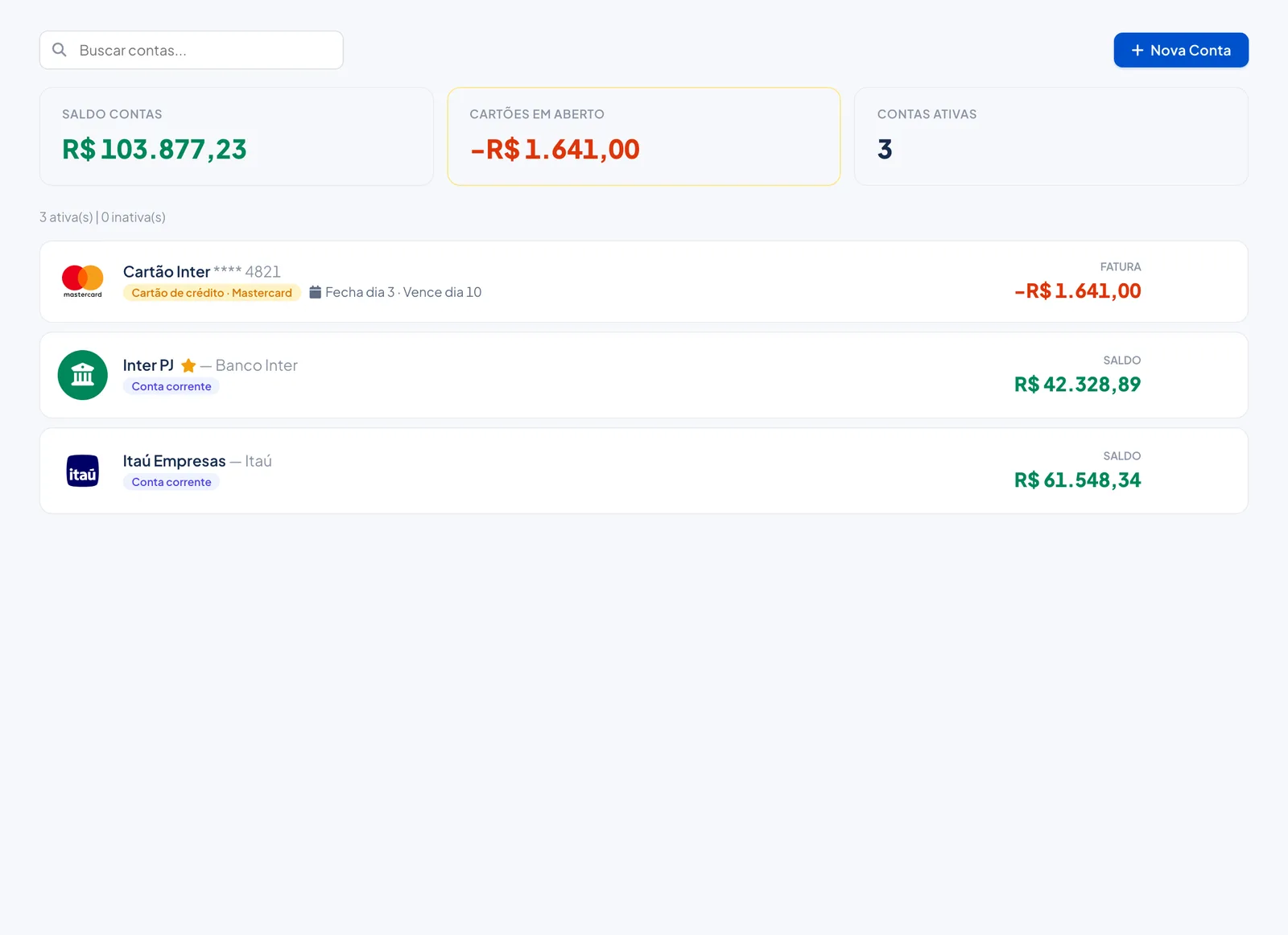 Contas da empresa no Numin com saldos e cartão de crédito
