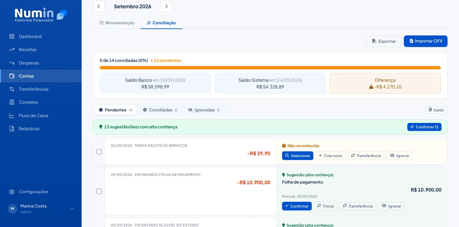 Tela de conciliação do Numin com o progresso do mês, transações do extrato pendentes e sugestões de lançamento de alta confiança para confirmar